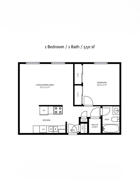 A floor plan of a 1 Bedroom/1 Bathroom apartment sized 550 square feet.